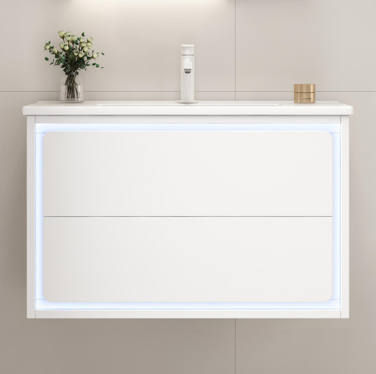WASCHTISCHKOMBI 76/46/48,5 cm Weiß aus MDF und Keramik mit LED-Radarsensor-Beleuchtung - Weiß, Holzwerkstoff (76/58.5/46cm) - OKMYHOME