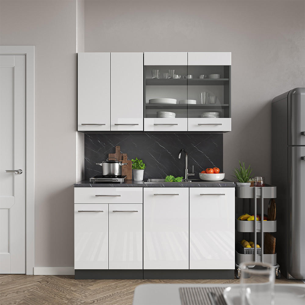 SINGLEKÜCHE Fame-Line Weiß Hochglanz/Anthrazit 140 cm ohne AP - Weiß Hochglanz/Anthrazit, Holzwerkstoff (140/81.6/46cm) - Vicco