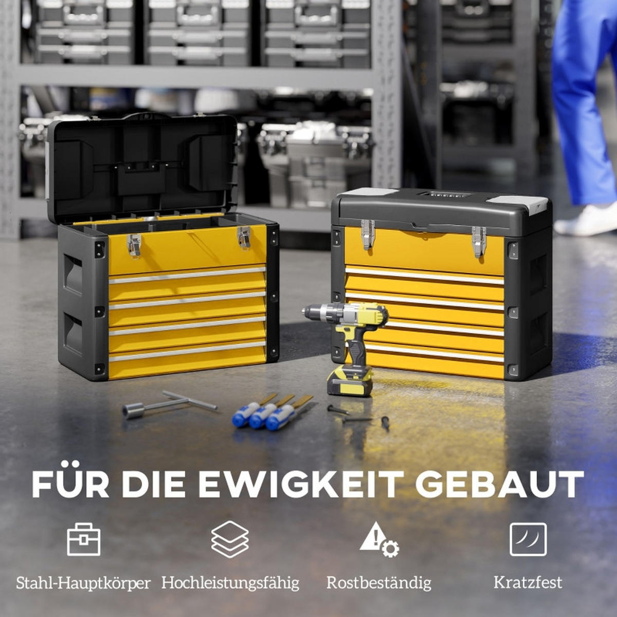 WERKZEUGKOFFER mit 4 Schubladen, Mini-Boxen und Top-Fach, Gelb - Gelb, Kunststoff (25.3/40.7/49.7cm) - Novahome