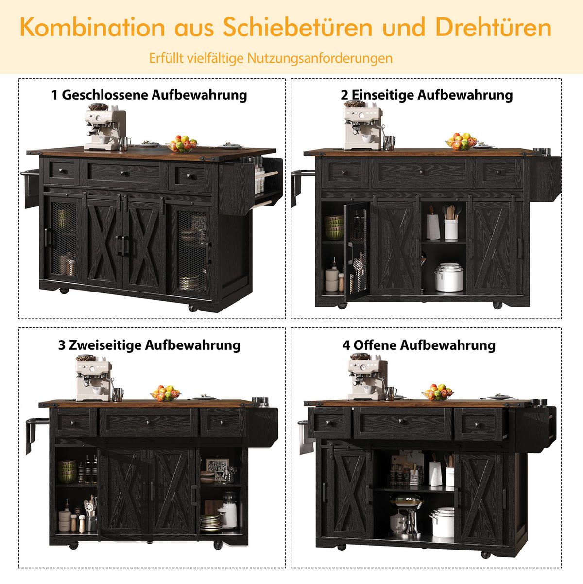 KÜCHENINSELWAGEN mit Arbeitsplatte 120,2 x 45,3/75 x 91,5 cm Schwarz - Schwarz, Holz (45.3/91.5/120.2cm) - Beauniv