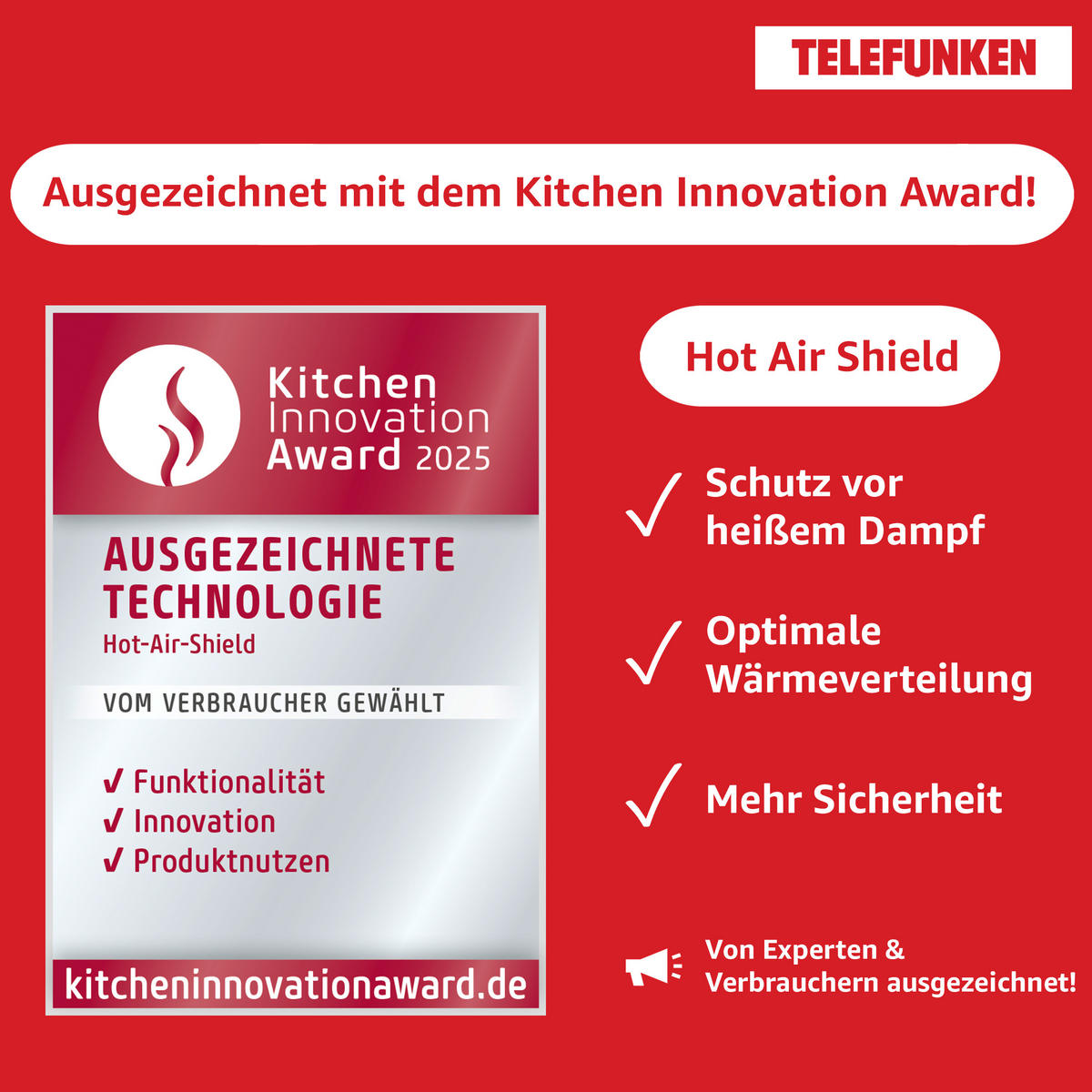 HERDSET, Backofen mit Grill und Umluft, Rahmenloses Glaskeramik-Kochfeld mit 4 Zonen, Hot Air Shield, 65 Liter, 60 cm, Edelstahl - Schwarz, Keramik/Metall (59.5/59.5/57cm) - Telefunken