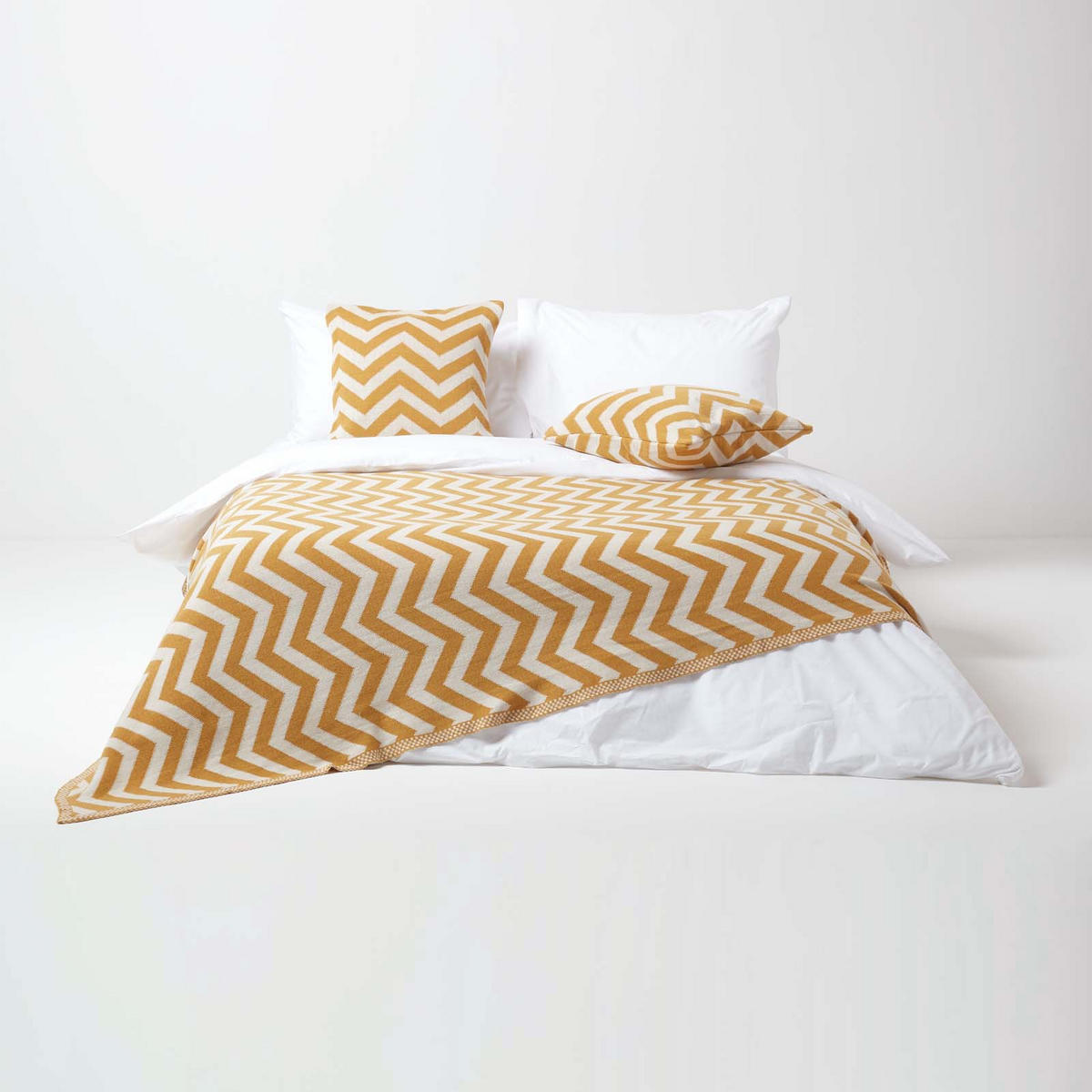 STRICKDECKE 150/200 cm, Zickzack-Muster Baumwolle - Dunkelgelb, Textil (150/200cm) - Homescapes