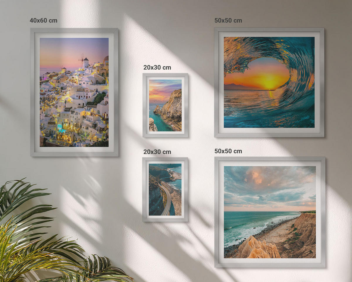 WANDBILDER 5er Set - 50x50 cm & 20x30 cm & 40x60 cm Silberner Rahmen - Meereswellen, weiße Häuser, Santorini - Silberfarben, Kunststoff (40/60cm) - ArtPrintCave