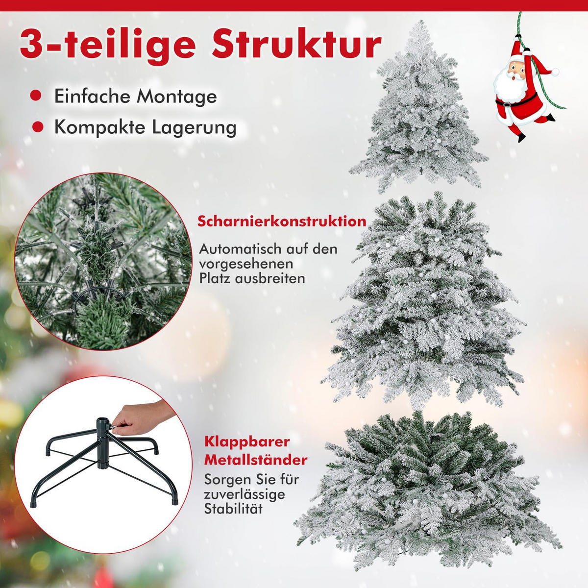 WEIHNACHTSBAUM mit 130 funkelnden Kugeln und Schnee 180 cm weiß - Weiß, Metall (180cm) - COSTWAY