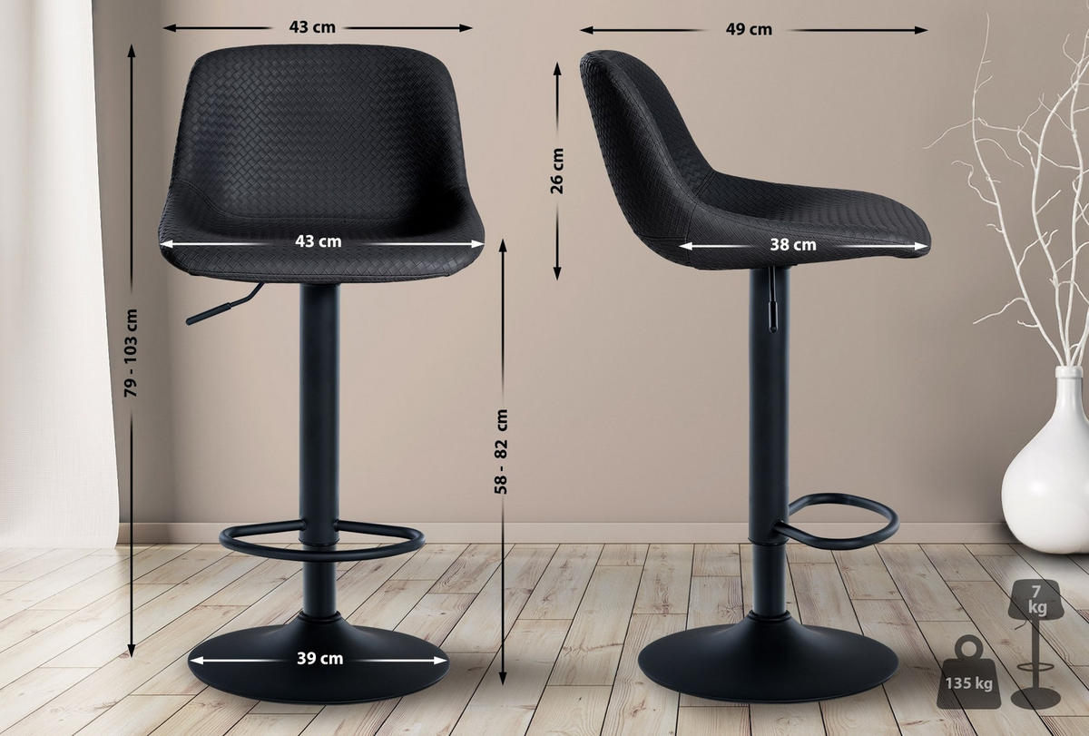 BARHOCKER Loft 2er Set 79-103x43x49 cm Schwarz - Schwarz, Metall (43/79/49cm) - furnicato