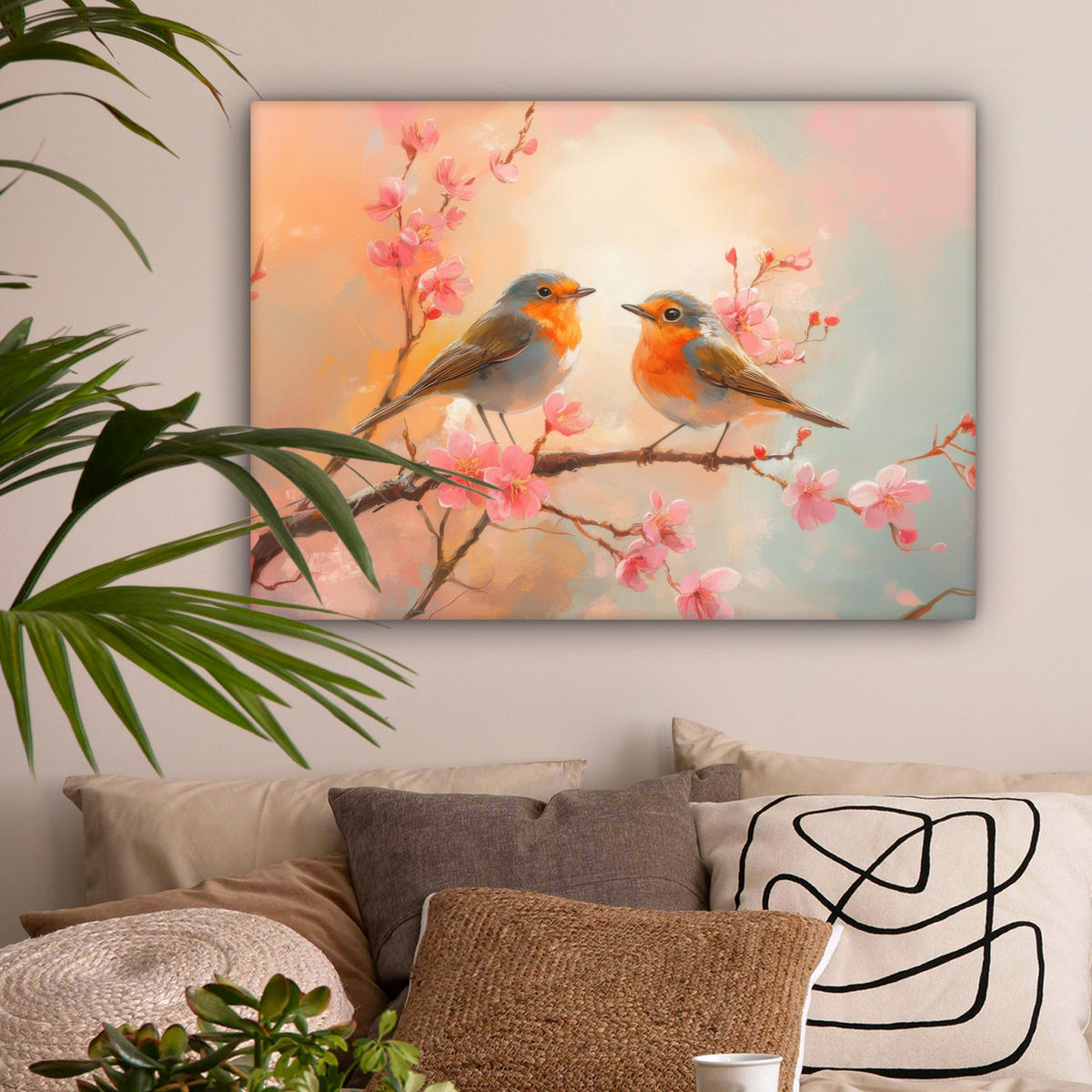 LEINWANDBILD Rotkehlchen - Zierpflanze - Blütenzweig Wandbilder 80x60 cm - Hellrosa, Textil (80/60cm) - MuchoWow