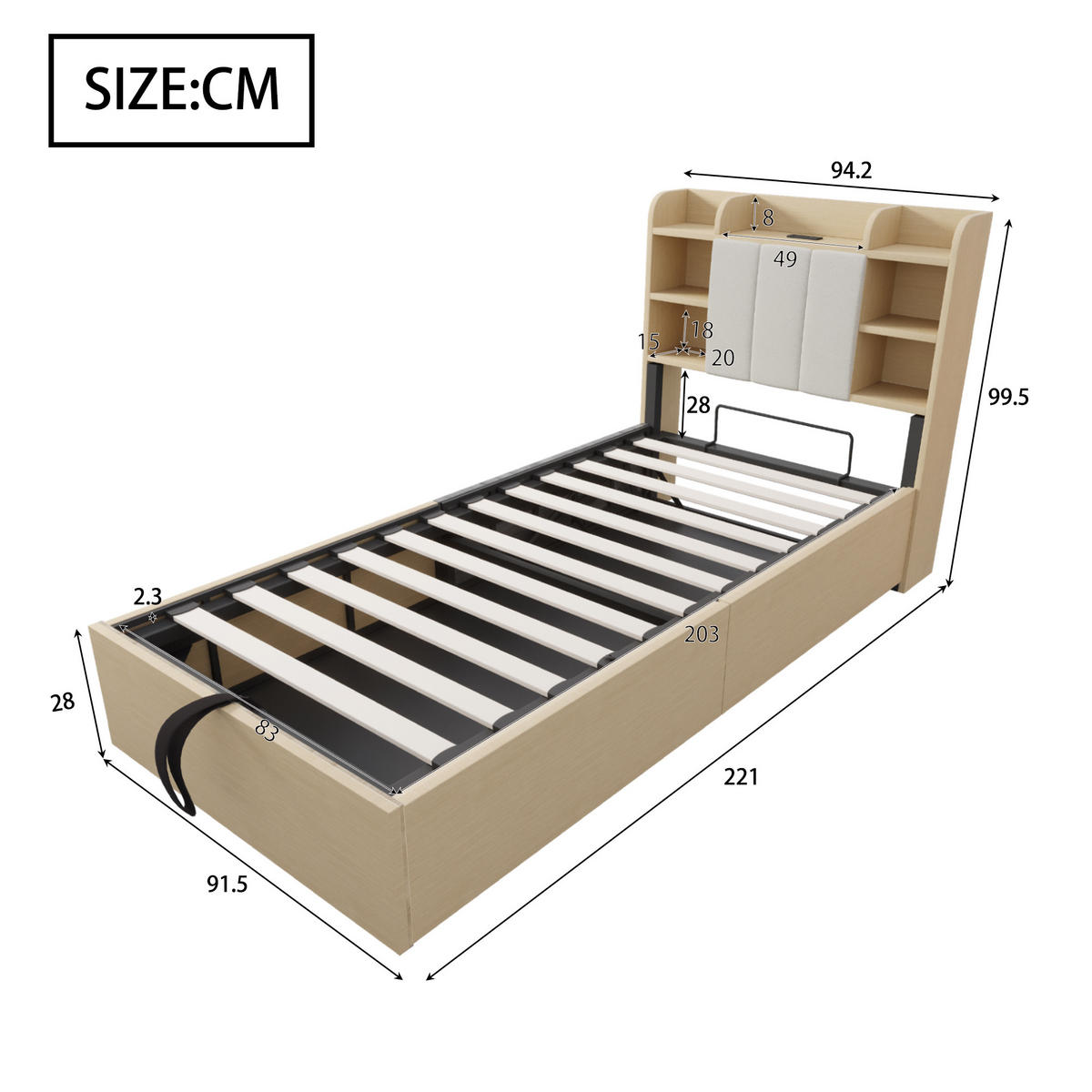 HOLZBETT 90/200 cm mit hydraulischem Bettkasten und USB-Anschluss, Naturholz - Naturfarben, Holzwerkstoff (90/200cm) - OKWISH