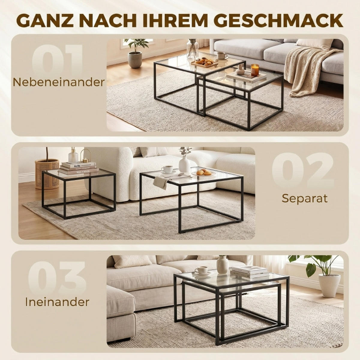 COUCHTISCH 2er-Set Runde Satztische mit Glasplatte DE-39930 Schwarz - Schwarz, Metall (75/75/42cm) - ComfortXL