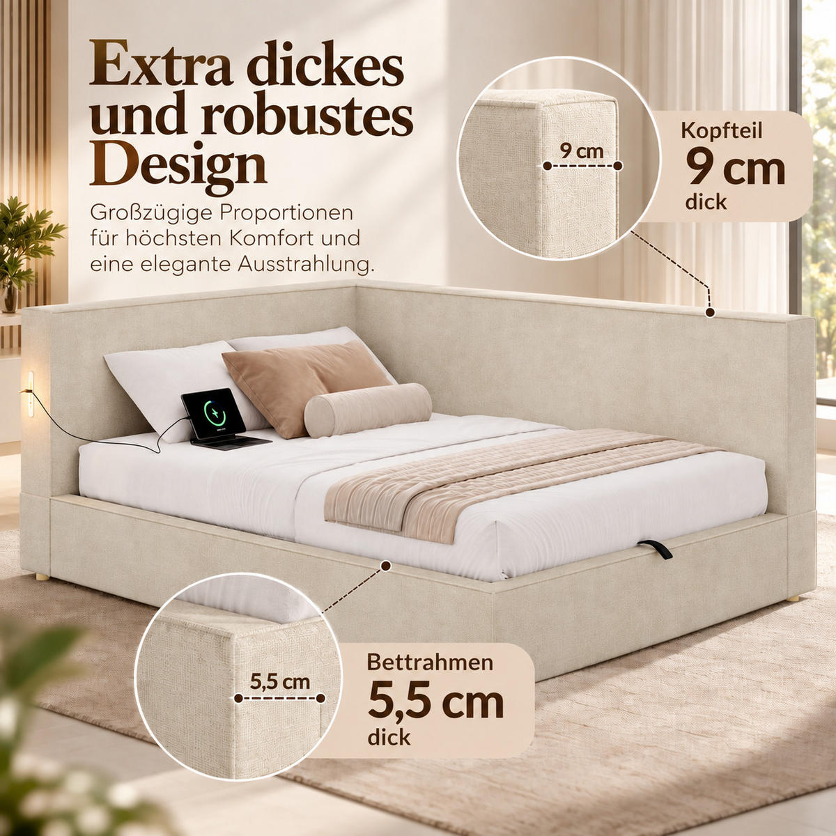DAYBETT 140x190 cm, Beige, Chenille, LED, USB/Typ-C - Beige, Textil (140/200cm) - FLIEKS