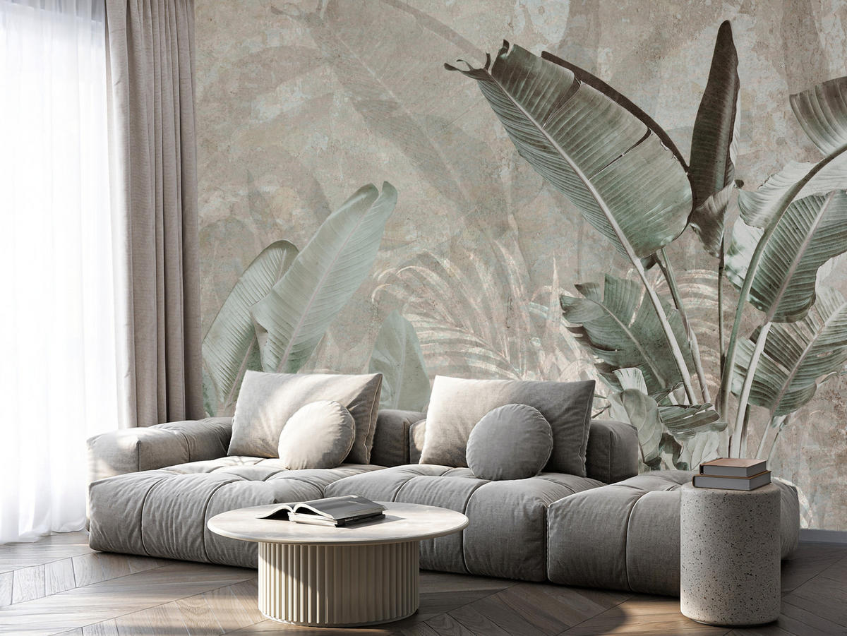 FOTOTAPETE für Büro Beton Bananenblätter Abstrakt Pflanzen Vintage 350x256 - Beige/Braun, Papier (350/256cm) - Muralo
