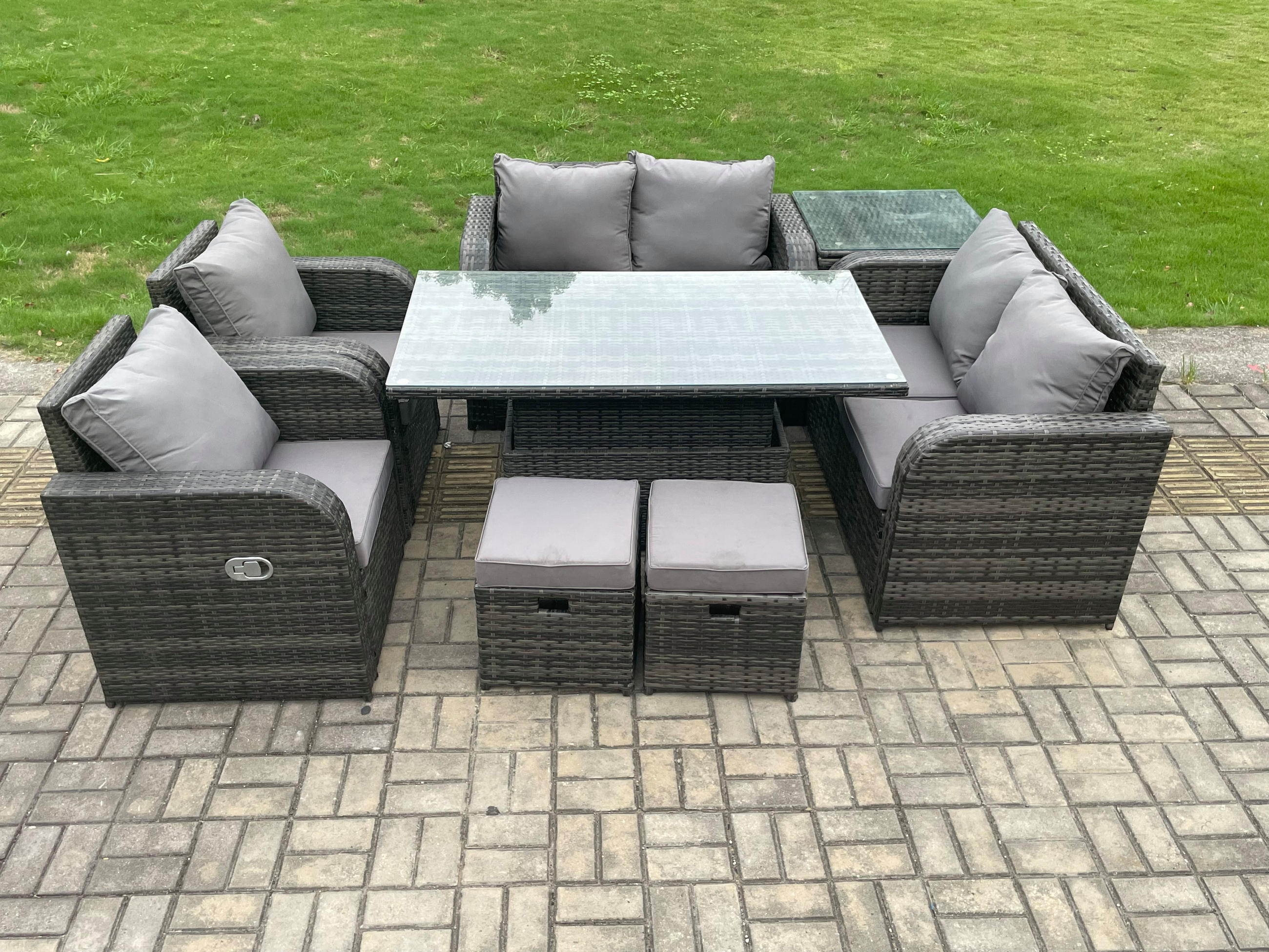 GARTENSOFA SET Polyrattan 8-Sitzer - Dunkelgrau/Grau, Glas/Kunststoff - Fimous