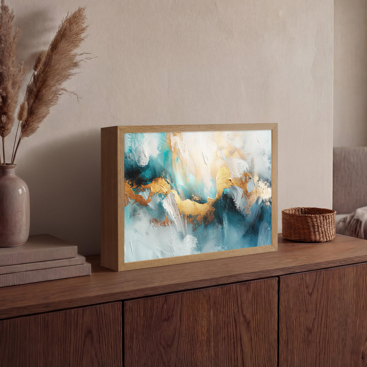 NÁSTĚNNÁ LAMPA S AKUMULÁTOREM Abstraktní - umění - zlatá - modrá 40x30 cm - tyrkysová, kompozitní dřevo (40/30/8cm) - OnlyWow