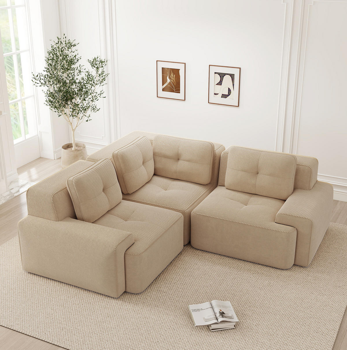 ECKSOFA aus Cord mit modularem Design Beige - Beige, Textil (104/177cm) - Modenvie