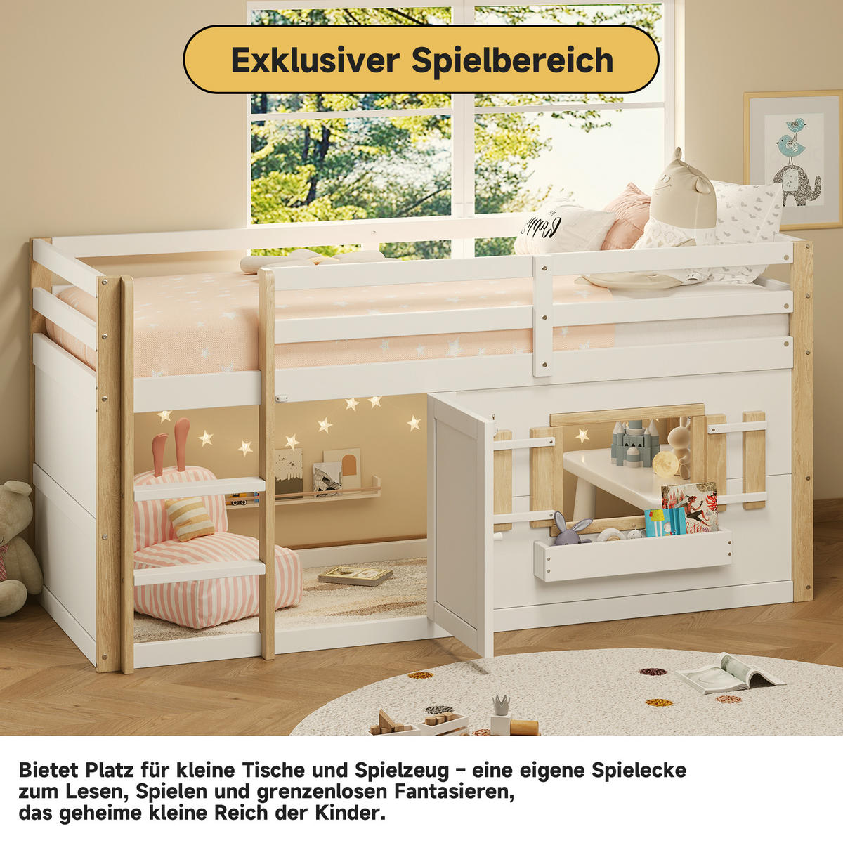 ETAGENBETT 90/200 cm in Weiss mit Leiter und Spielflaeche - Weiß, Holz/Holzwerkstoff (90/200cm) - WISHDOR