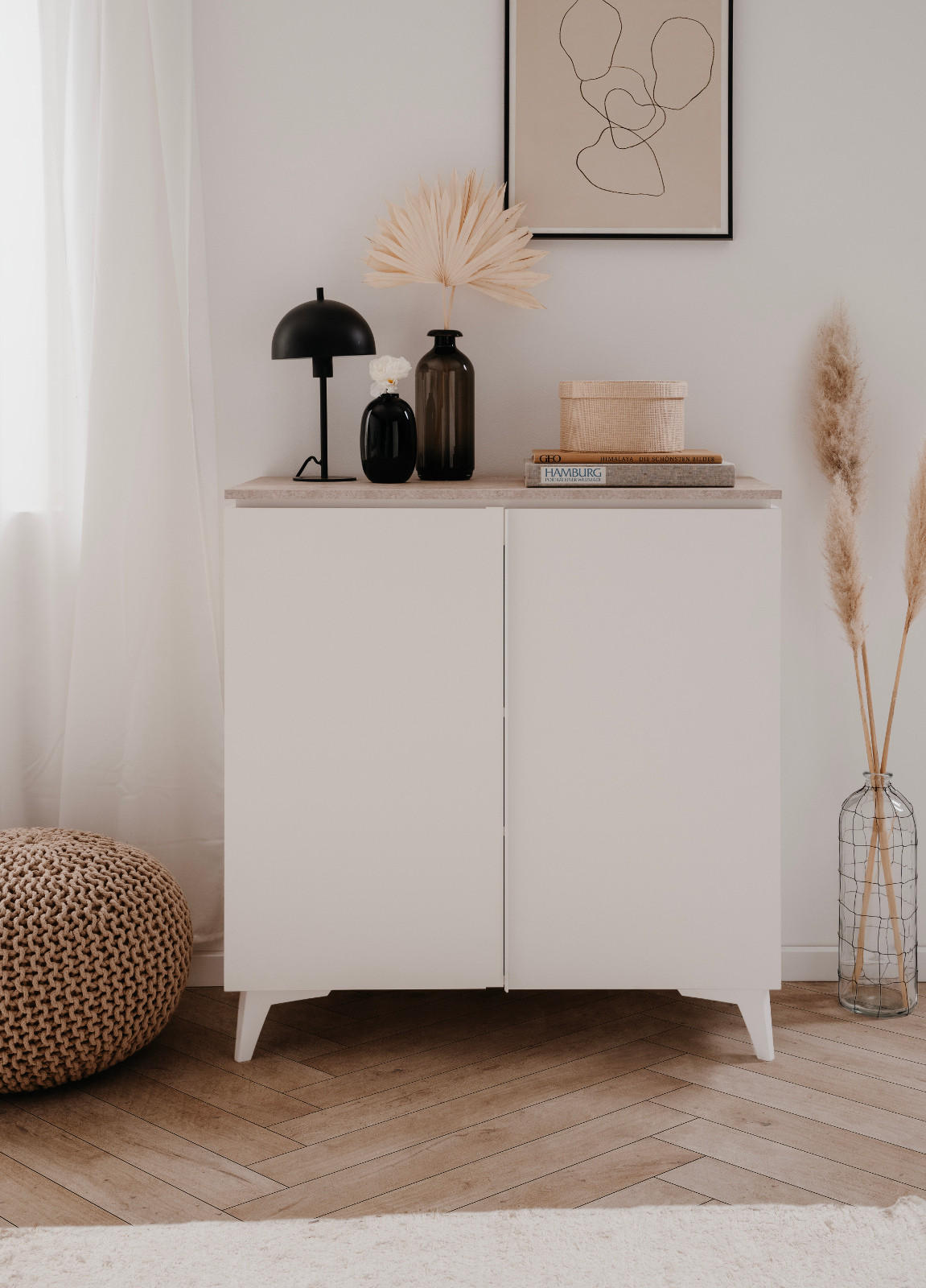 KOMMODE weiß mit Sandstein 88 x 92 cm, Anrichte 2-türig - Sandfarben/Weiß, Holzwerkstoff/Kunststoff (88/92/40cm) - Furn.Design