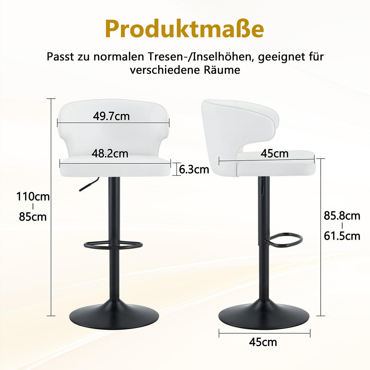 BARHOCKER DE-36727 2er-Set höhenverstellbar mit 360°-Drehung und PU Schwarz - Weiß, Metall (45/110/49.7cm) - ComfortXL