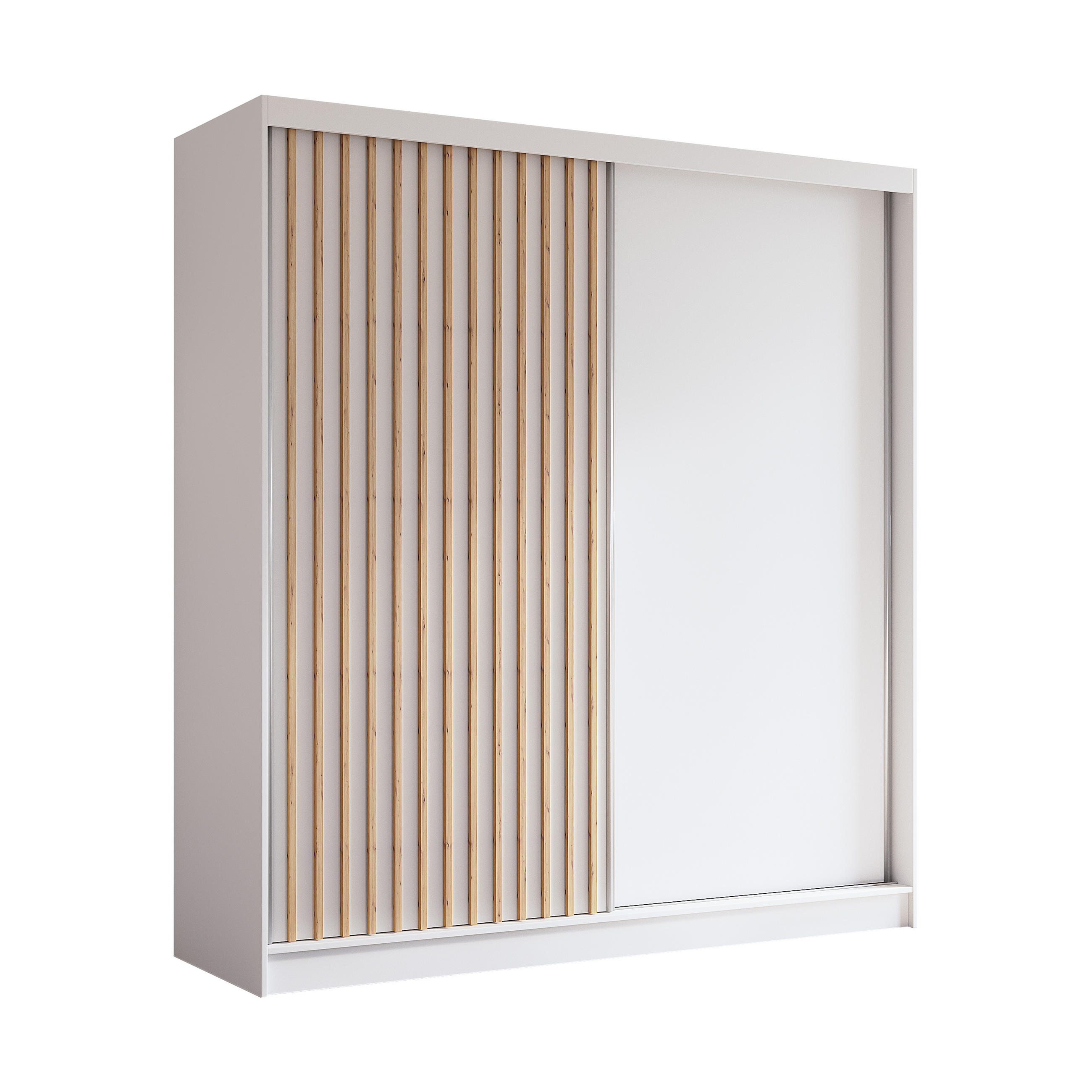 KLEIDERSCHRANK mit furnierten Schiebetüren und Aluminium-Leisten, LED-Beleuchtung - LABELO - 200 cm Weiß+Weiß+Artisan - Weiß/Eiche Artisan, Holzwerkstoff (200/216/61cm) - ALTDECOR