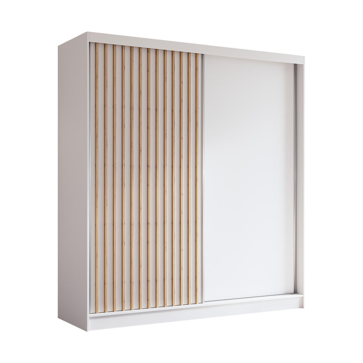 KLEIDERSCHRANK mit furnierten Schiebetüren und Aluminium-Leisten, LED-Beleuchtung - LABELO - 200 cm Weiß+Weiß+Artisan - Weiß/Eiche Artisan, Holzwerkstoff (200/216/61cm) - ALTDECOR