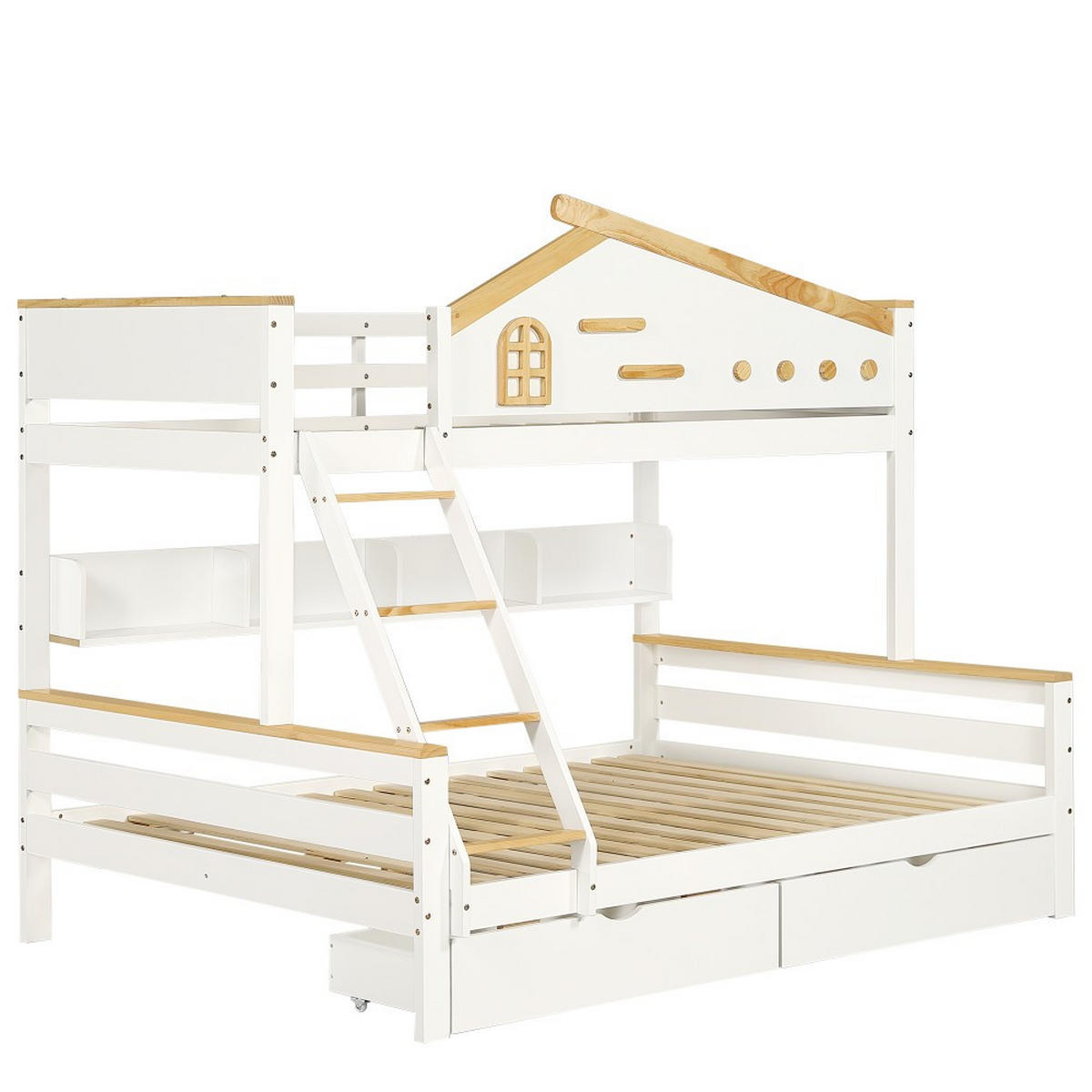 ETAGENBETT 90x200cm&140x200cm in Weiß+Natur mit Offenes Regal - Weiß, Holz (140/200cm) - KOMHTOM