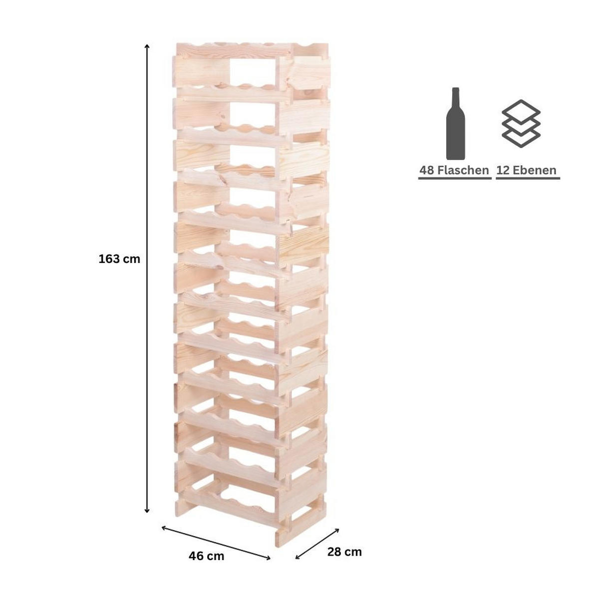 WEINREGAL VINOTECA FLEX PRO HxBxT 163x46x28cm 48 Flaschen auf 12 Ebenen Natur unbehandelt - Naturfarben, Holz (46/163/28cm) - PROREGAL