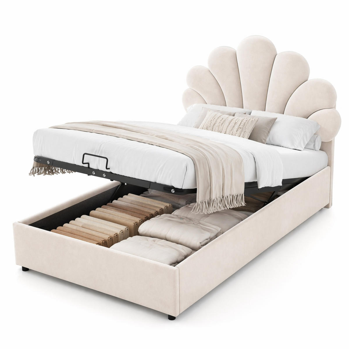POLSTERBETT 90/200 cm in Beige Samt mit Bettkasten - Beige, Holzwerkstoff/Textil (90/200cm) - CHICFURN