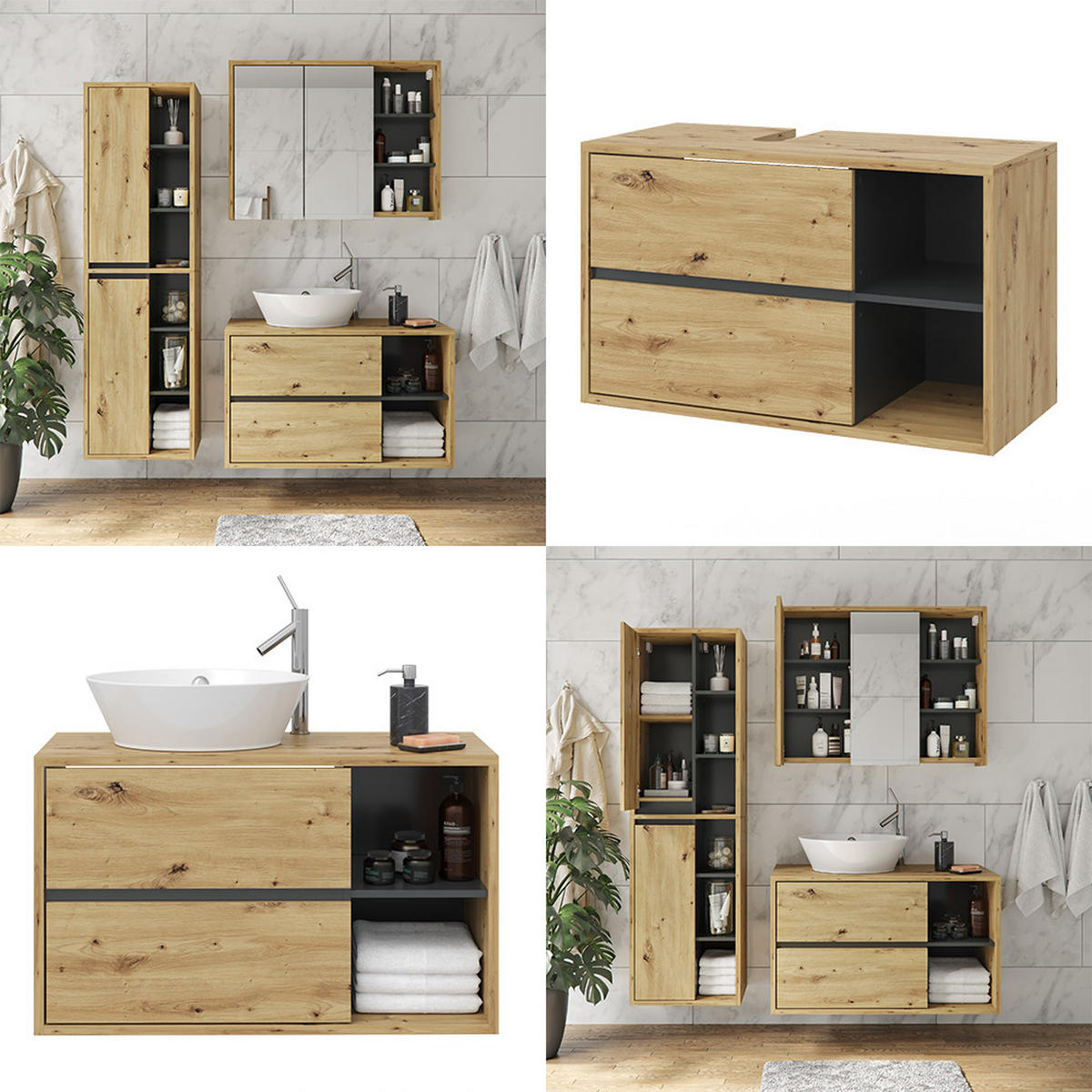 WASCHBECKENUNTERSCHRANK Viola Artisan-Eiche 100 x 60 cm - Eichefarben/Anthrazit, Holzwerkstoff (100/60/45.5cm) - Vicco