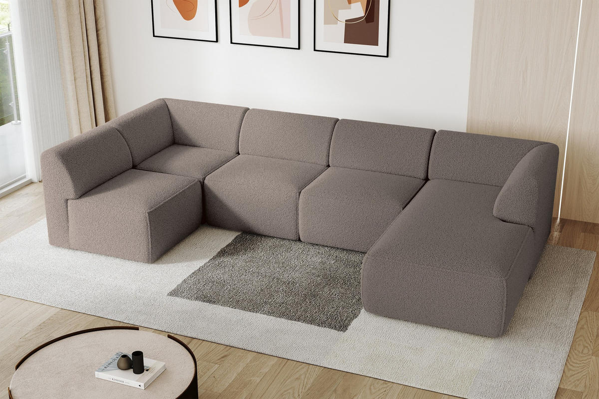 WOHNLANDSCHAFT Ottomane Rechts MOVO-L 345x180x78 cm Braun Bouclé - Schwarz/Braun, Holzwerkstoff/Kunststoff (345/78/180cm) - ALTDECOR