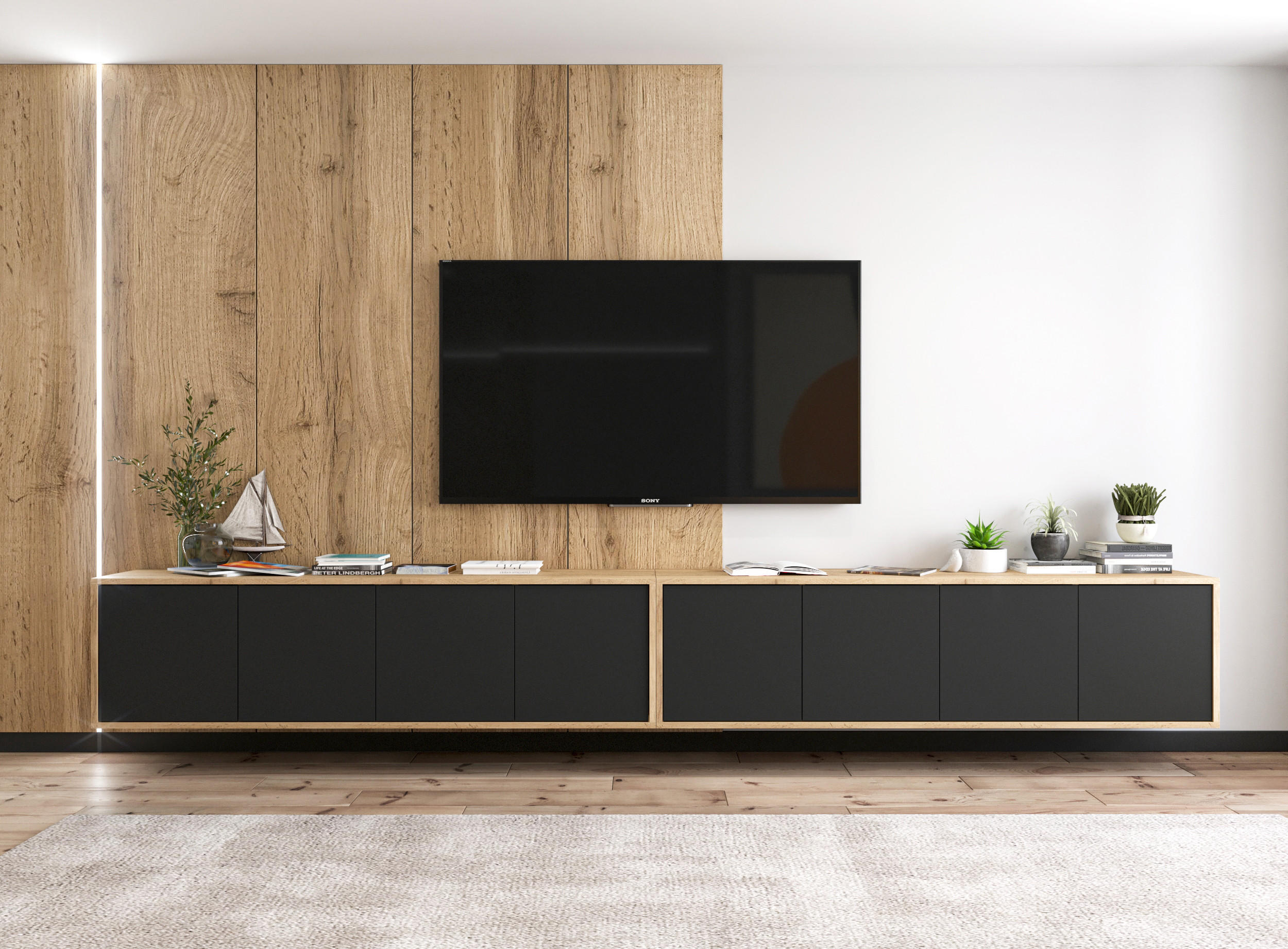 TV-LOWBOARD 2-er Set Apollo2 Eiche wotan Schwarz Matt 150 cm - Schwarz, Holzwerkstoff (300/39/35cm) - Meble Lindner