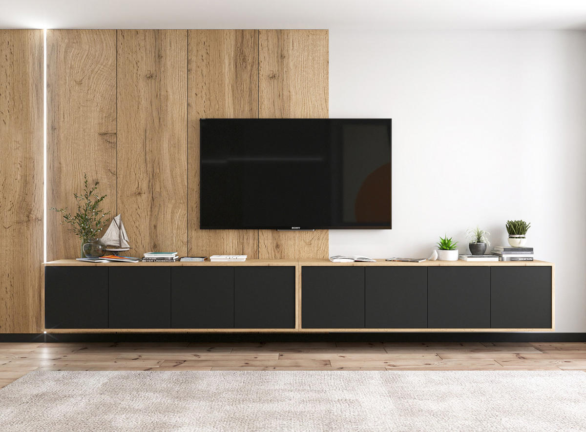 TV-LOWBOARD 2-er Set Apollo2 Eiche wotan Schwarz Matt 150 cm - Schwarz, Holzwerkstoff (300/39/35cm) - Meble Lindner