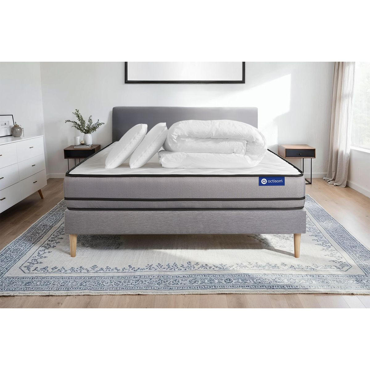 BETT Actiflex night Taschenfederkern 140 x 190 cm h4 - Kit Bettgestell Grau - Mit Kissen und Bettdecke - Beige/Grau, Karton/Holz (140/190cm) - ACTISOM