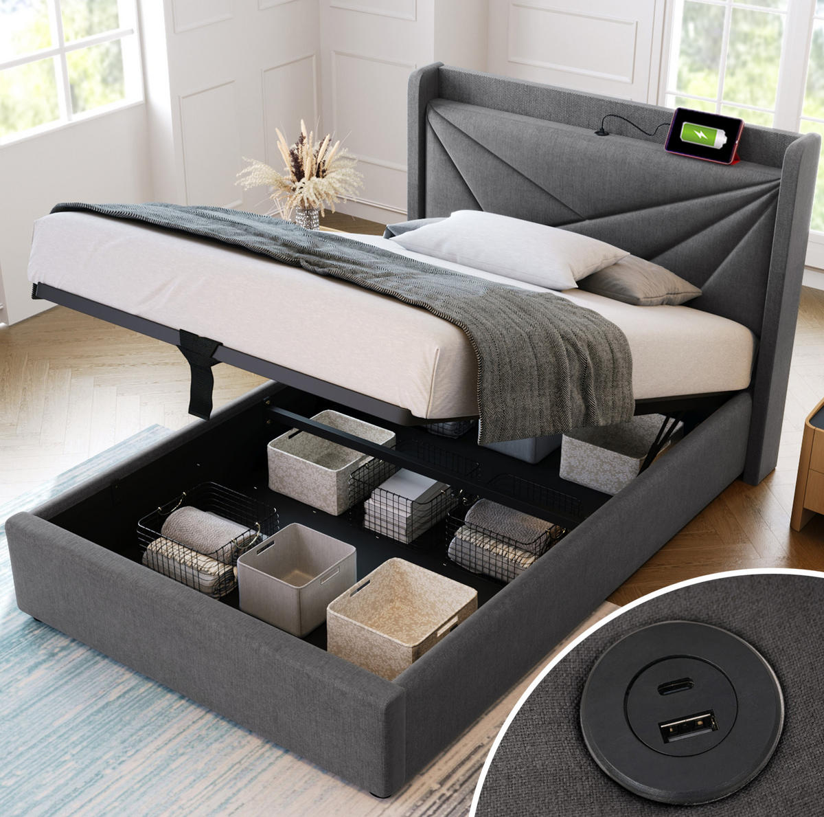 POLSTERBETT 90/200 cm Grey aus Baumwolle Leinen mit Bettkasten - Grau, Textil (90/200cm) - OKMYHOME