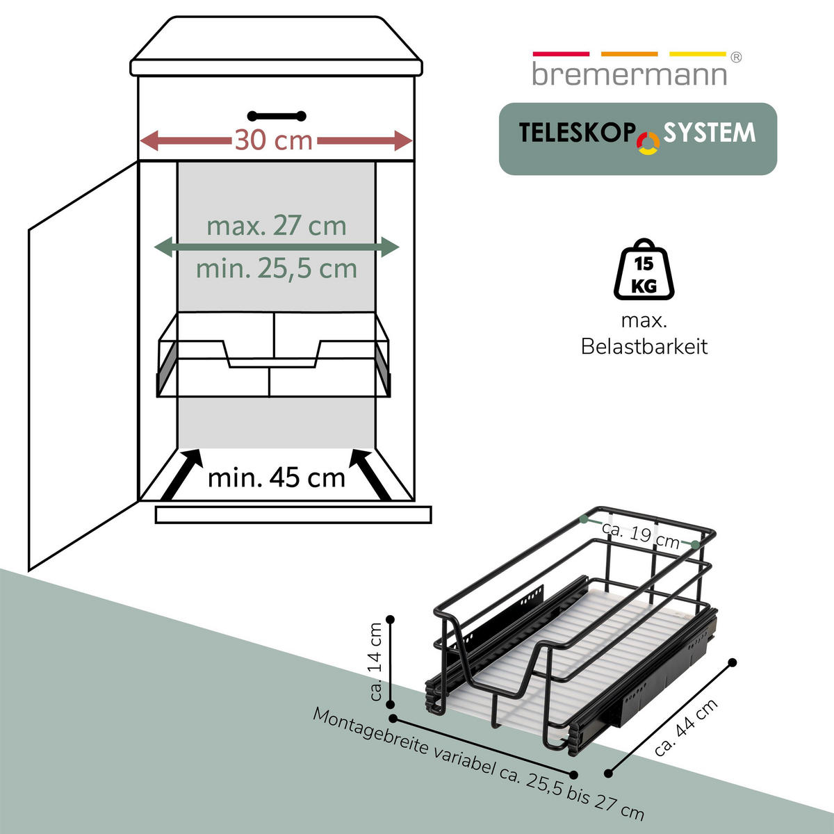 TELESKOPSCHUBLADE, schwarz, Metall - Schwarz, Metall (27/14/44cm) - bremermann