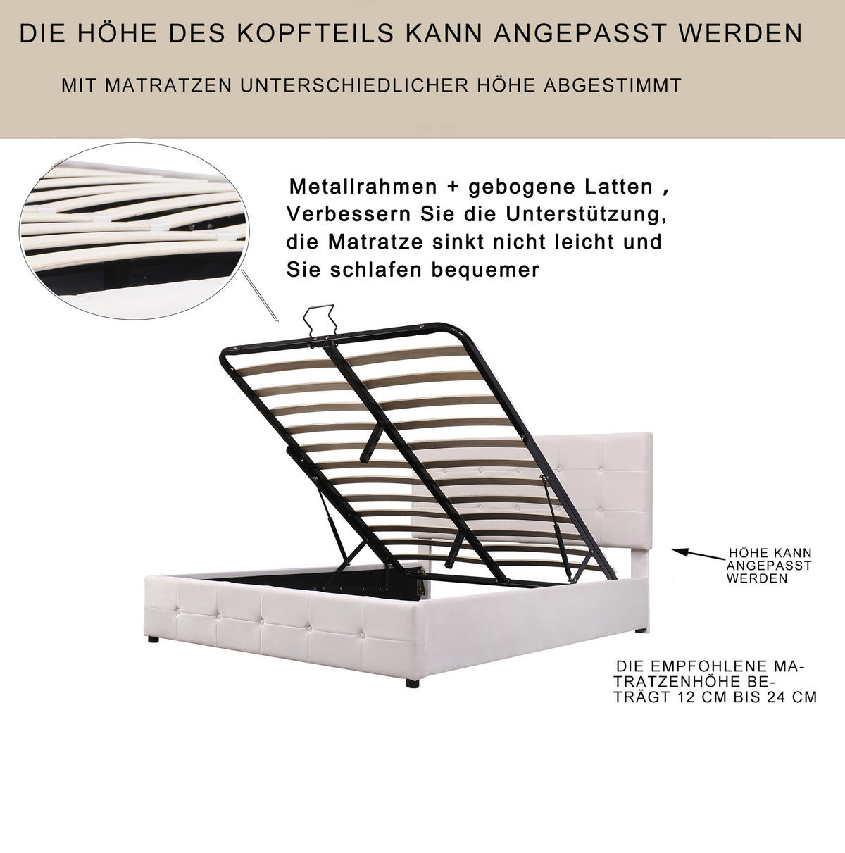 POLSTERBETT 140/200 cm Cremeweiß mit Stauraum aus Samt mit hydraulischem Bettkasten - Weiß, Textil (140/200cm) - OKWISH
