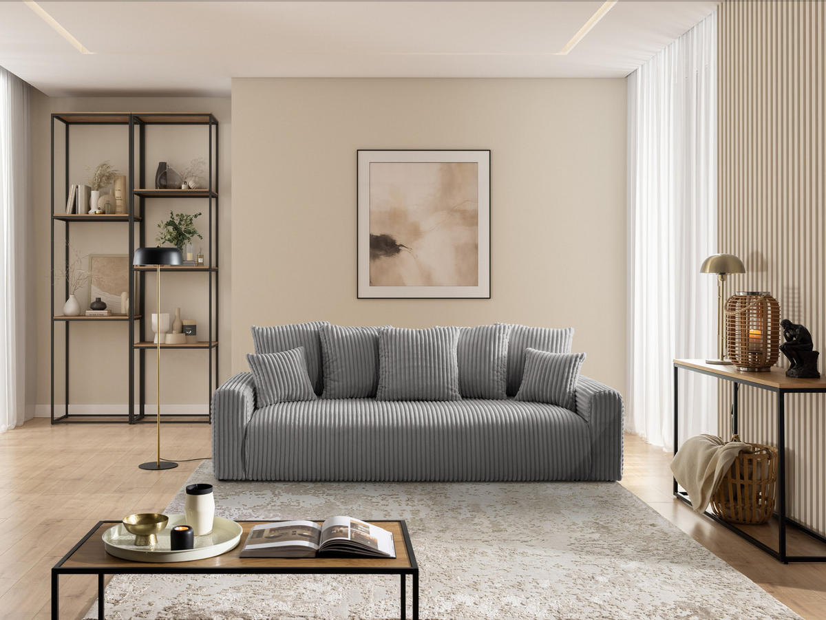 SCHLAFSOFA Calma mit Bettkasten im Bumpy-Design aus weichem Grau Plüschcord - Schwarz/Grau, Holz/Kunststoff (239/88/98cm) - S-Style