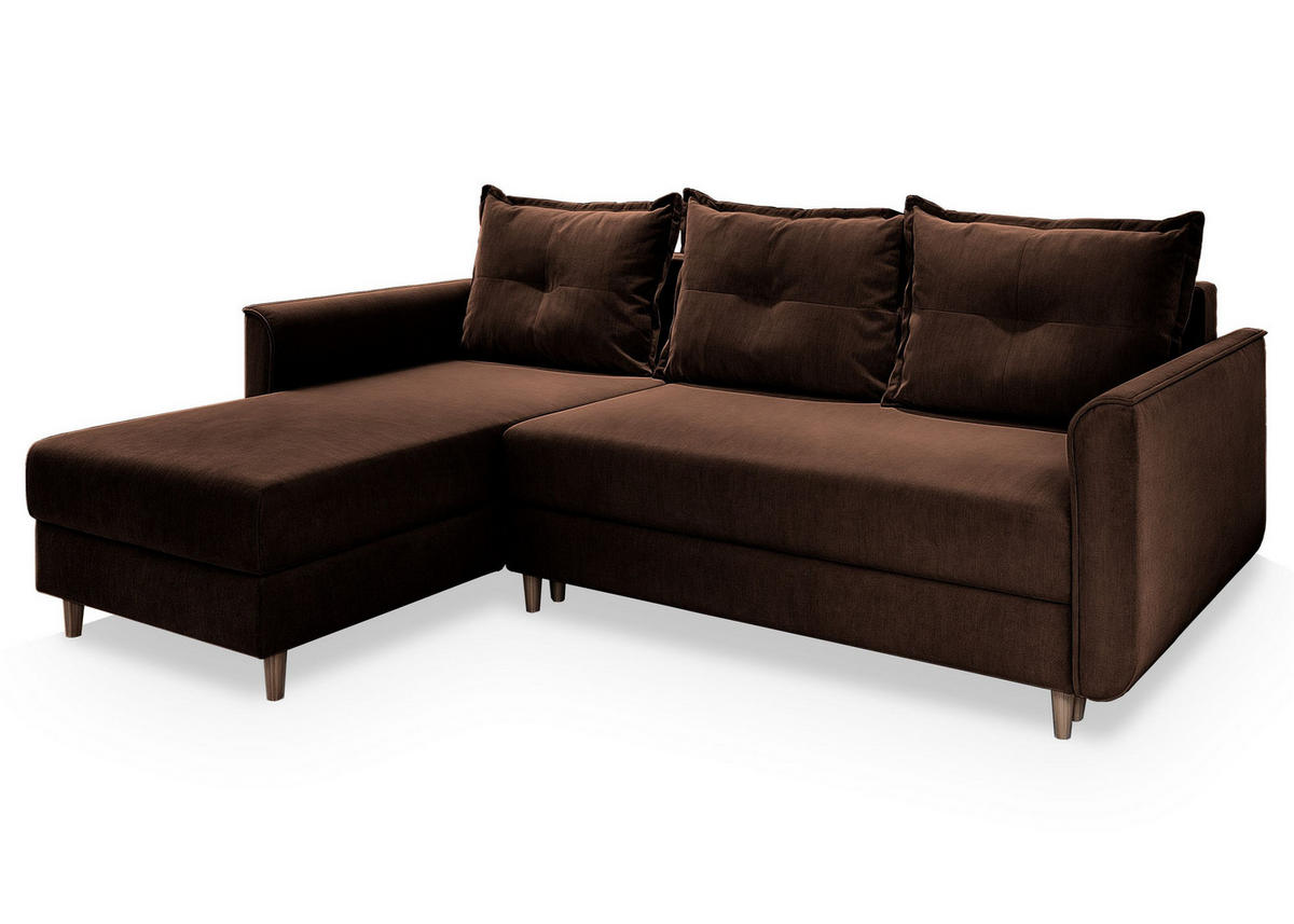 ECKSOFA PISAN L-S Braun Plüsch-Stoff mit Schlaffunktion - Braun, Holz (220/140cm) - MASSENO