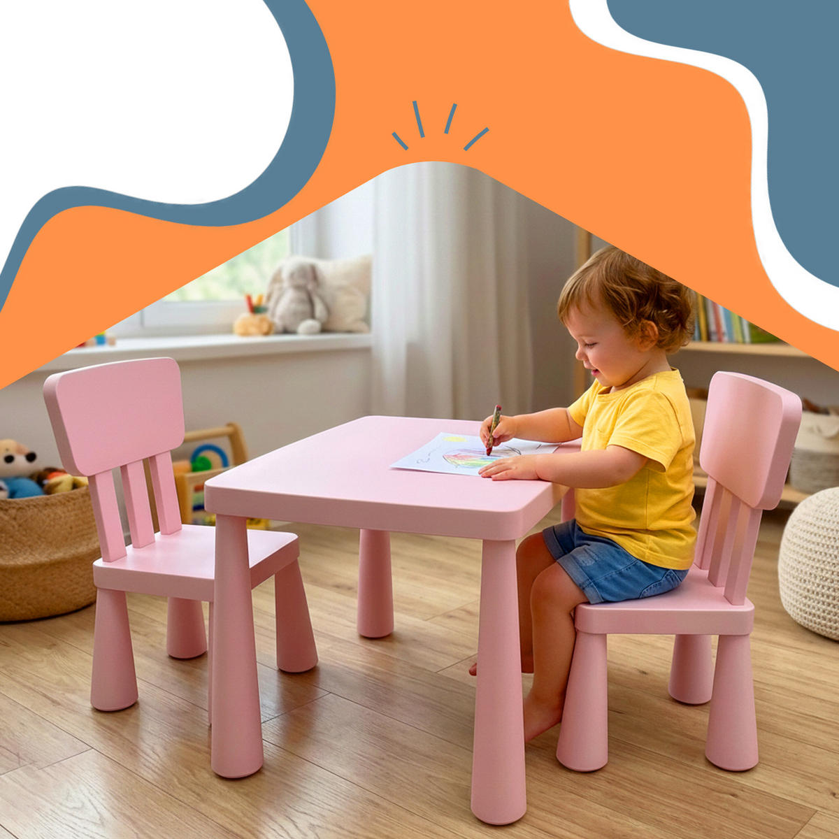 SESTAVA Růžová dětský stůl 2 židle - růžová, plast (77/48/55cm) - Relaxdays