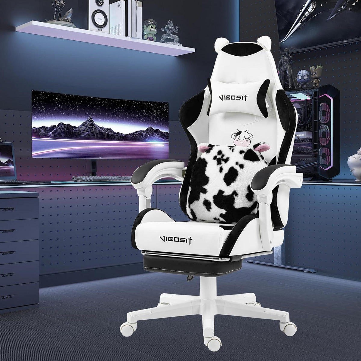 GAMING Stuhl mit Ohren und Kawaii Kissen, Ergonomisch, mit Lendenwirbelstütze und Fußstütze, Schwarzweiß - Multicolor, Kunststoff (59/77/25cm)