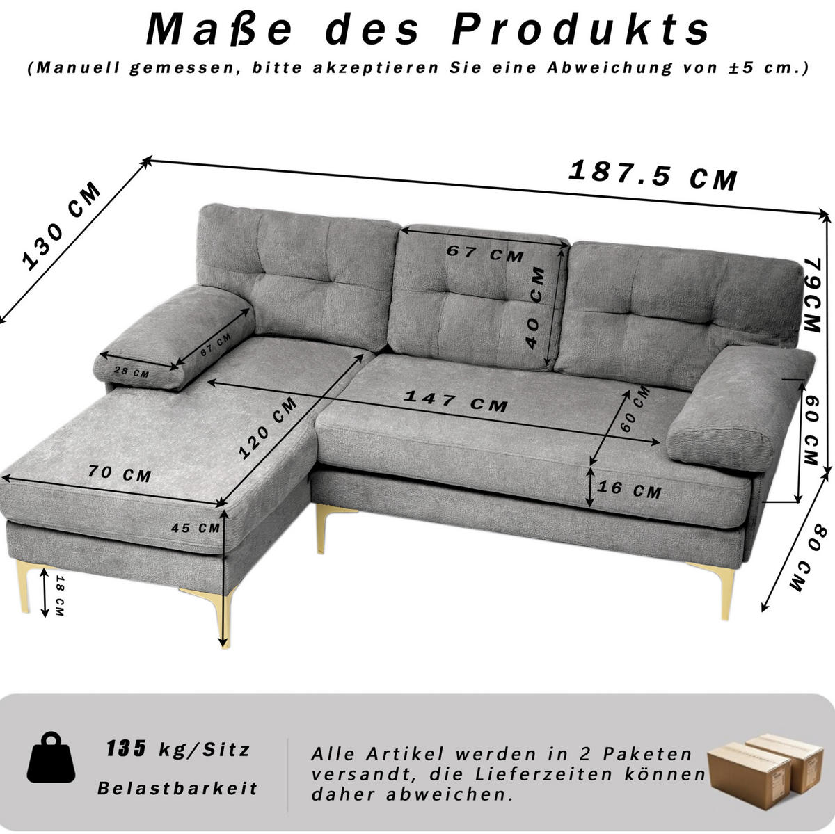 ECKSOFA 187,5/130/79 cm grau aus Holz mit wechselbarer Liegefläche - Grau, Holz (130/187.5cm) - OKWISH