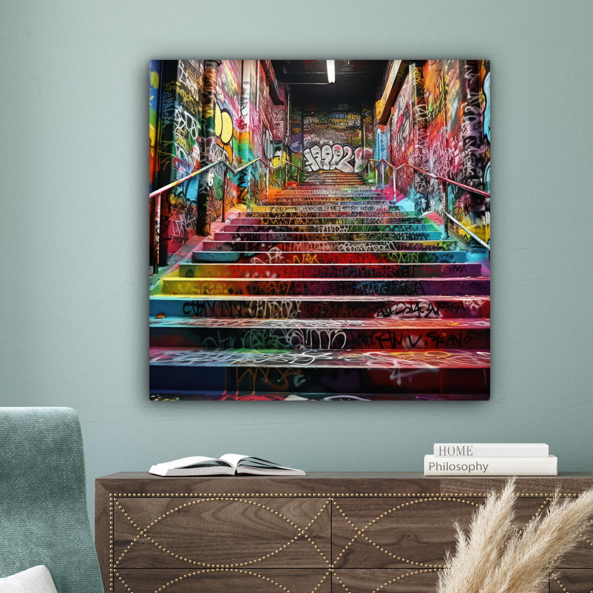 LEINWANDBILD Treppe - Graffiti - Farben - Kunst Deko Groß 90x90 cm - Multicolor, Textil (90/90cm) - MuchoWow