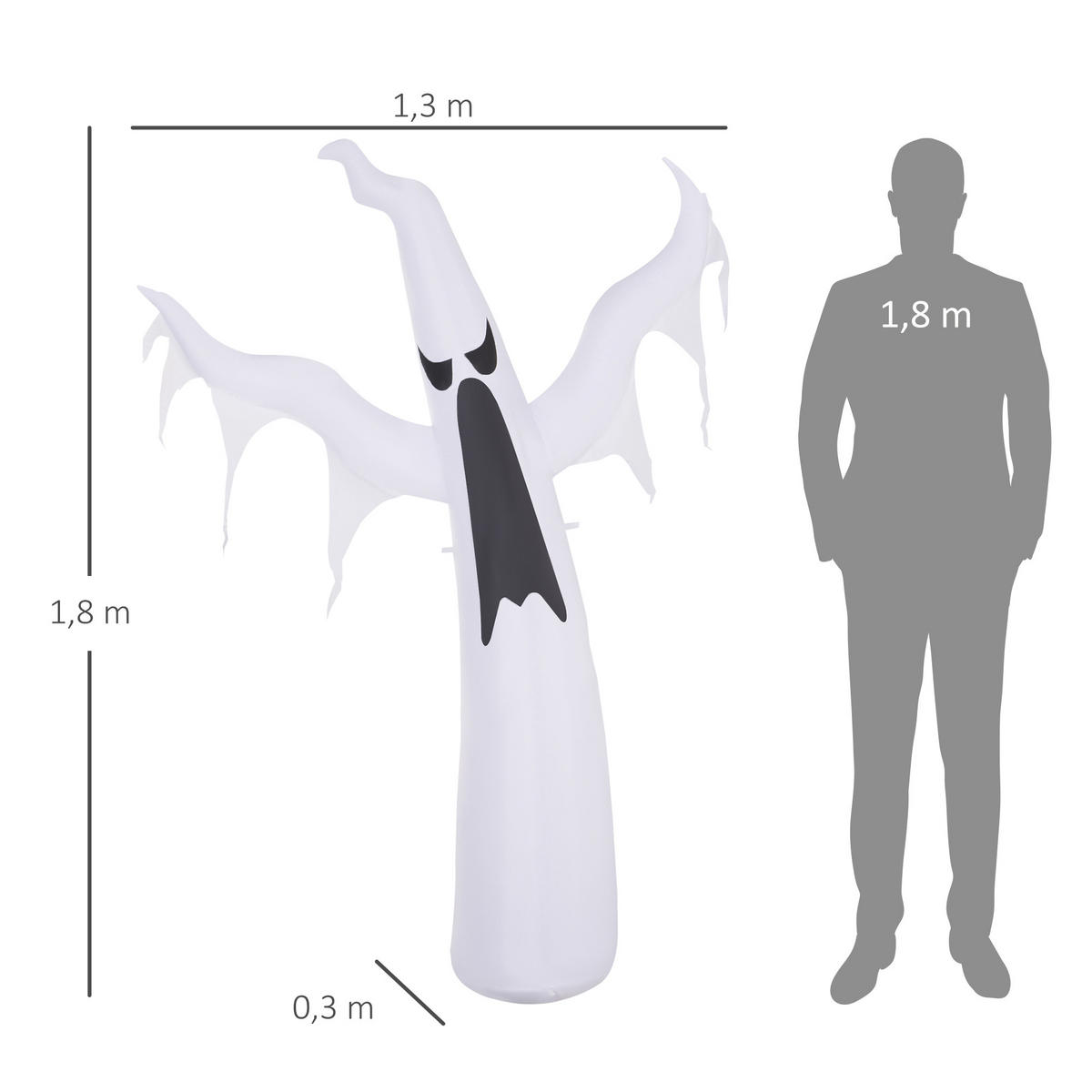 HALLOWEEN Dekoration Selbstaufblasendes Spuk Gespenst Geist LED Beleuchtet Weiß - Weiß, Kunststoff (30/180/130cm) - HOMCOM