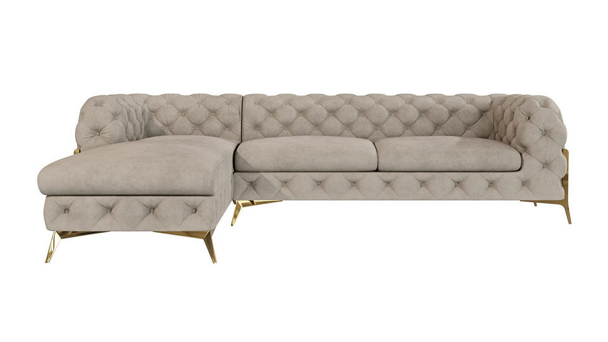 ECKSOFA Chesterfield Lexi Dunkle Creme Samt, Ottomane links - Goldfarben/Creme, Holz/Textil (305/200cm) - S-Style Möbel