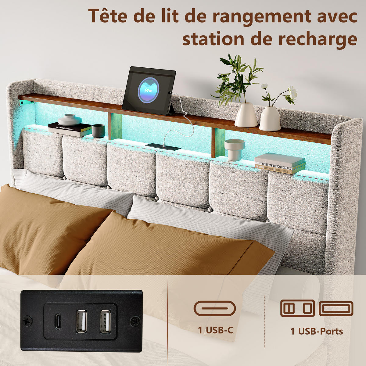POLSTERBETT 160x200 cm, Beige, mit USB, LED-Beleuchtung - Beige, Textil/Metall (160/200cm)