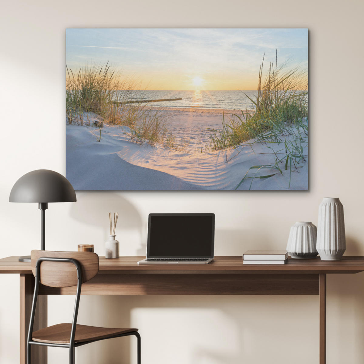 AKUSTIKBILD Strand - Sonne - Düne - Gras - Sand - Horizont Akustikpaneele 90x60 cm - Hellblau, Kunststoff (90/60/0.9cm) - MuchoWow