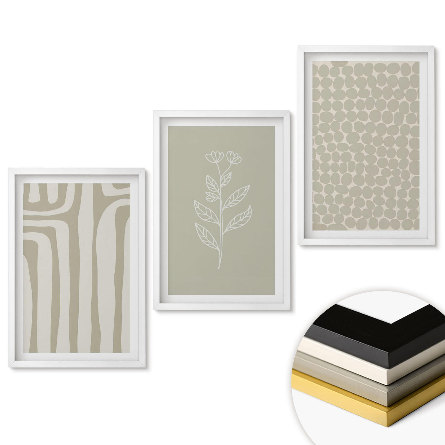 WANDBILDER 3er-Set - 40x60 cm Weißer Rahmen - Geometrische Pflanzenmuster - Weiß, Kunststoff (40/60cm) - ArtPrintCave