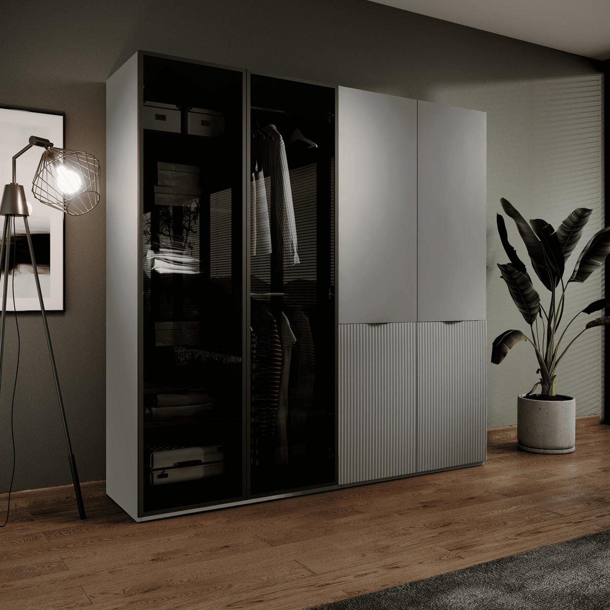 KLEIDERSCHRANK ZEN (Modular, Grau Matt, Grau & Getöntes Glas Antisol, 4-türig) - Schwarz/Grau, Holz/Holzwerkstoff (202/200/51cm) - Ravio