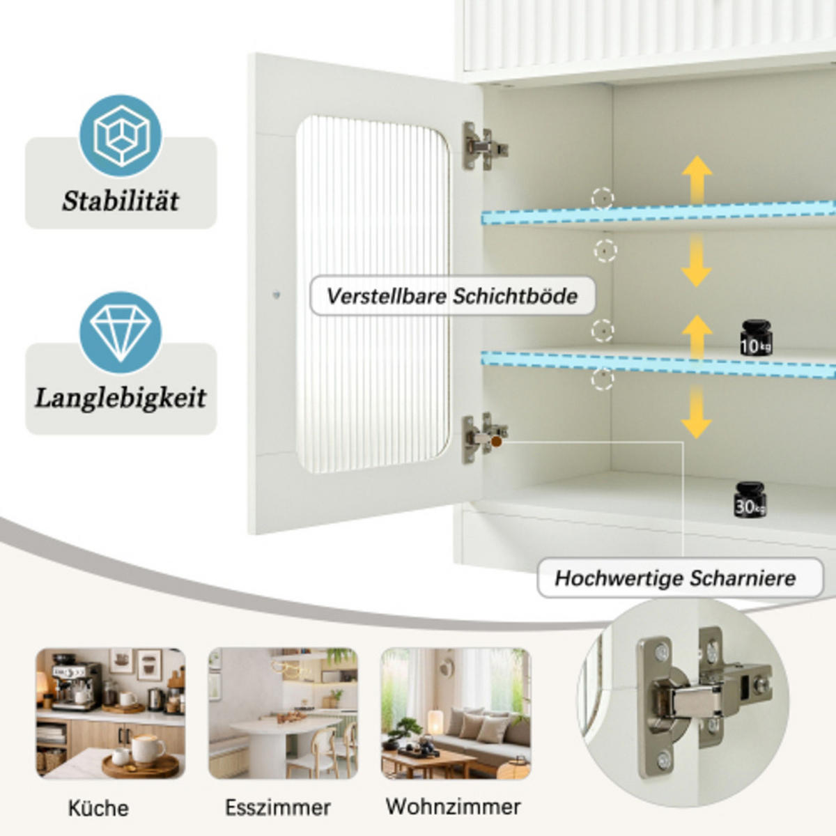 HIGHBOARD mit Riffelglas & LED weiß 80×40×180 cm aus MDF und Spanplatte - Weiß, Holzwerkstoff (80/180/40cm) - Luhomfu