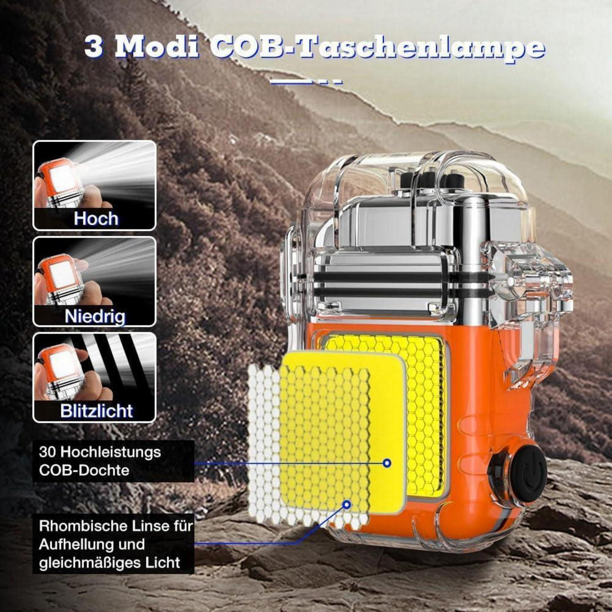 FEUERZEUG Elektrisch USB Aufladbar Wasserdicht Winddicht mit Taschenlampe Orange - Multicolor, Kunststoff (4/1.8/6.2cm)