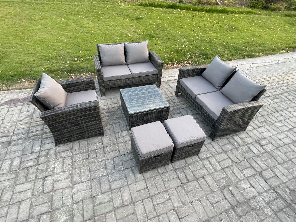 GARTENGARNITUR Polyrattan Dunkelgrau 7-Sitzer - Dunkelgrau, Metall - Fimous