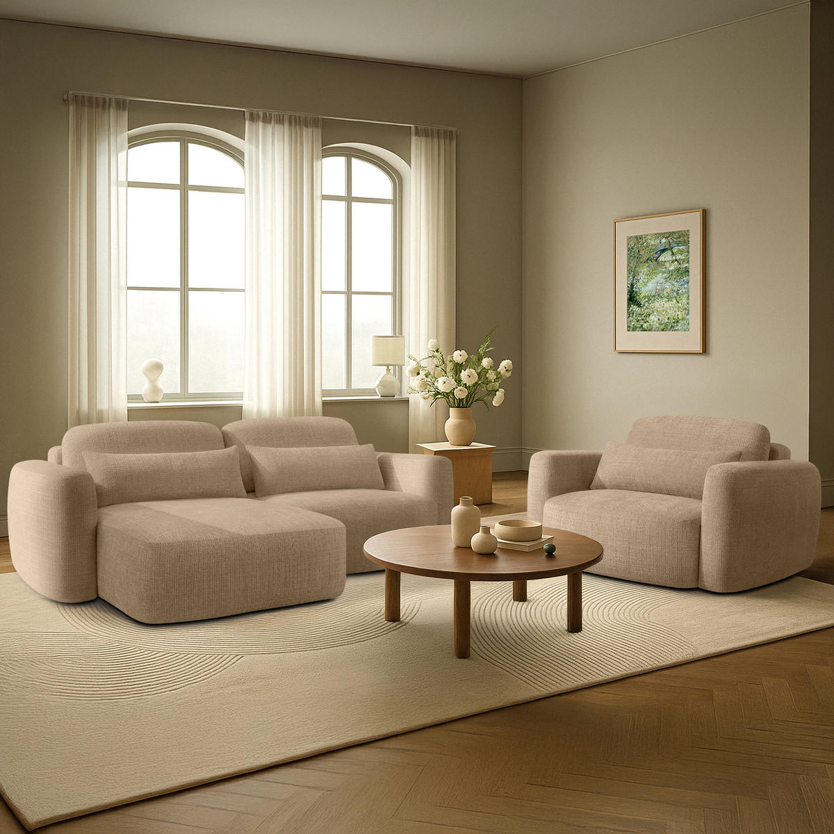 SITZGARNITUR ELOSA - Beige, Holz/Textil (245/85/165cm) - KONSIMO®