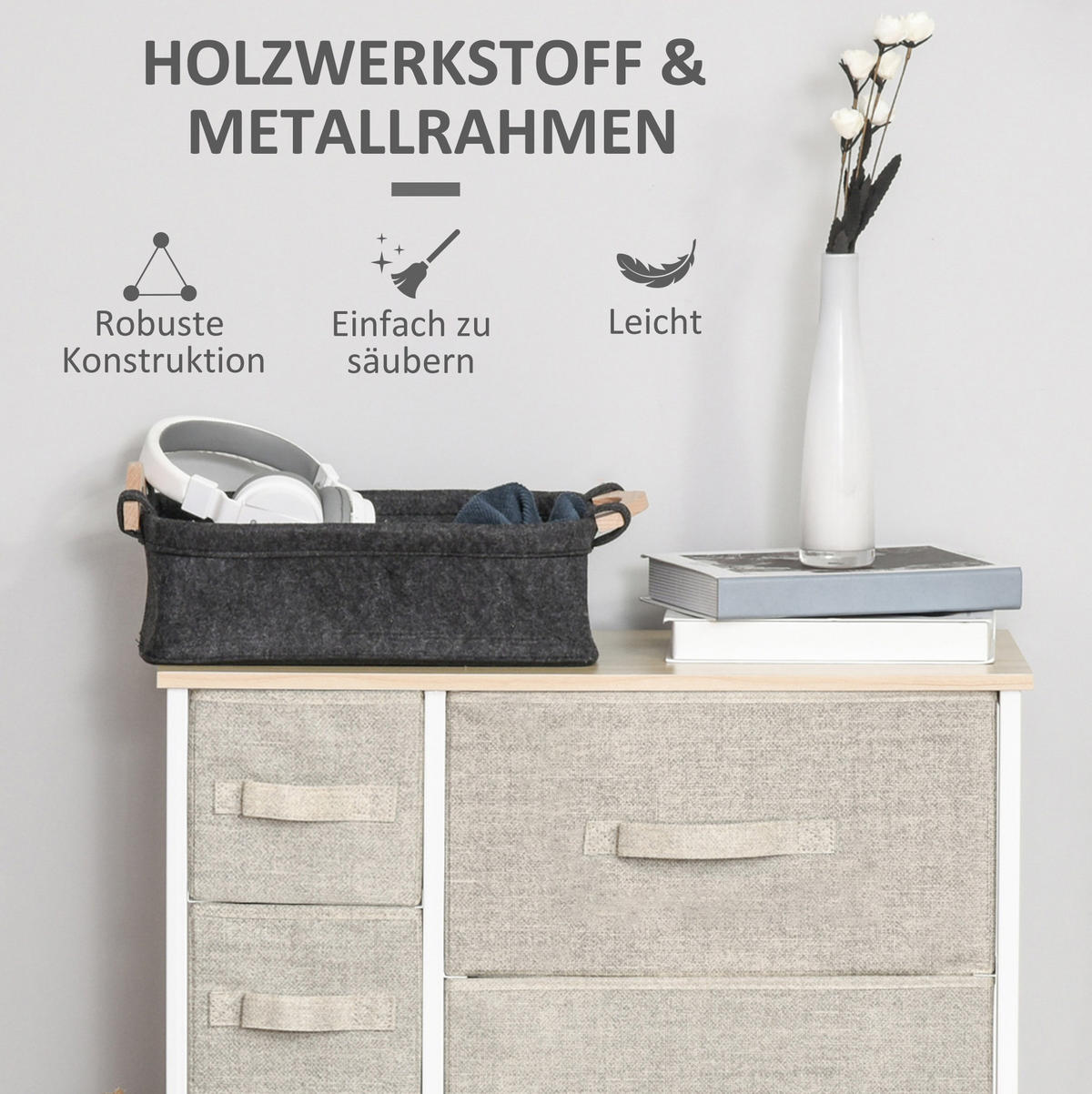 KOMMODE 63,5/30/71 cm aus Stahl mit 7 faltbaren Stoffschubladen Hellgrau - Hellgrau, Metall (63.5/71/30cm) - Modenvie